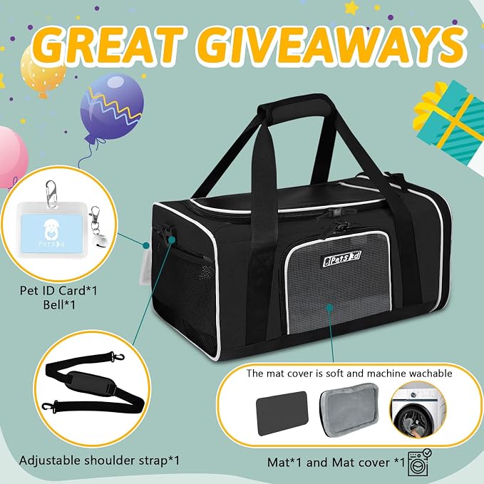 Small Pet Carrier 17" L x 12" W x 8.5" H Airline Approved, Black | for JetBlue/Frontier/Spirit Airlines, Lockable Safety Zippers and Anti-Scratch Mesh, Pets Under 8 lbs