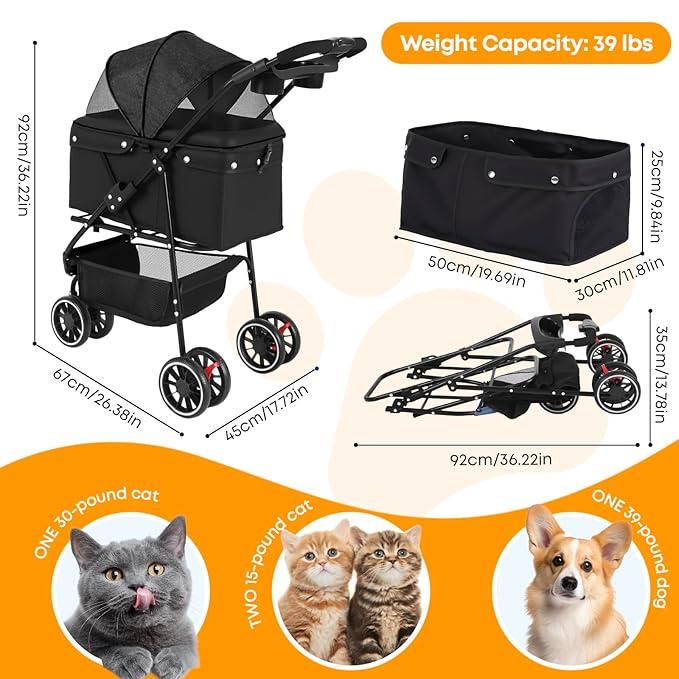 Pet Stroller,Dog Stroller for Small Medium Dogs Cats,3 Wheels,Black | Foldable,with Breathable Mesh Canopy,Cup Holders,Easy Assembly