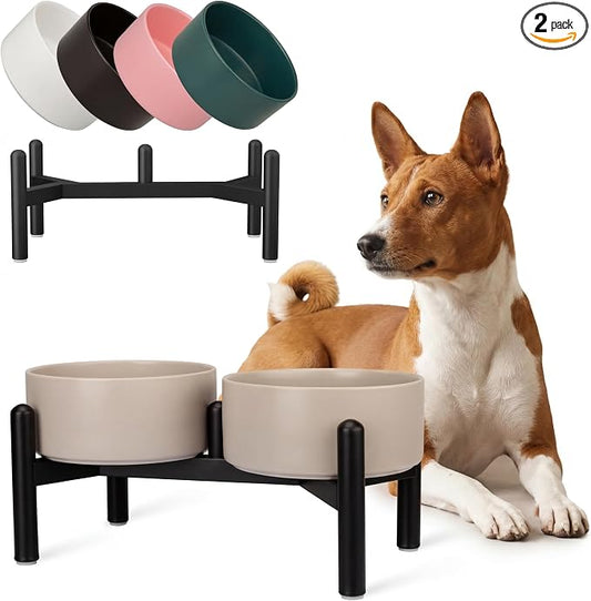 Raised Ceramic Dog Bowl Set with Stand, 3.5 Cups Elevated Dog Food Stand | 6.1'' Double Dog Food and Water Bowl Set, Non-Slip Dog Feeding Dishes for Small to Medium Breeds, 29.57 OZ, Grey