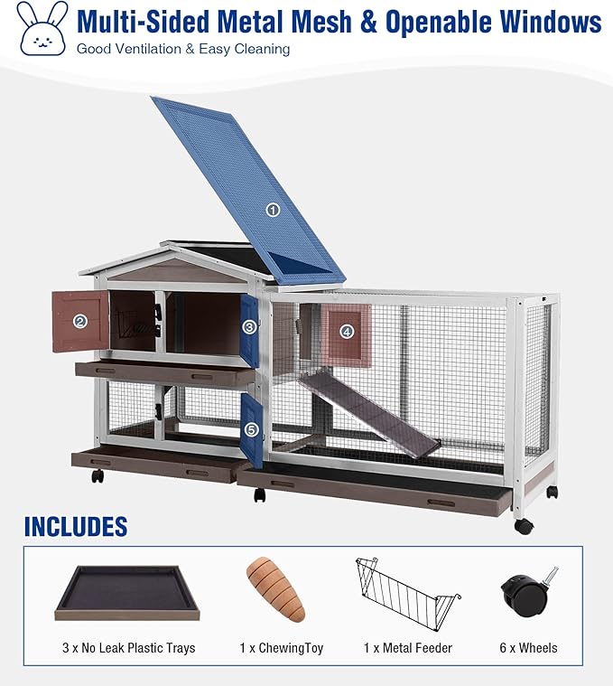Large Rabbit Hutch Indoor, Bunny Cage Outdoor with Chew-Proof Ramp, 2-Story Guinea Pig Cages with 6 Wheels, 3 Pull-Out Trays, Waterproof Asphalt Roof, 62" L - Brown