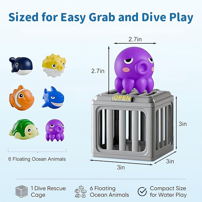 Underwater Dive Rescue Toys, 6 Pcs Kids Pool Diving Toys, Diving Cages Toy with Floating Animals, Summer Underwater Swimming Dive Pool Games Accessories for Boys Girls