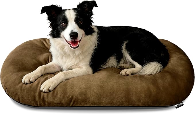Washable Oval Dog Bed for Large Dogs, Silver-Tipped High-Resilience, Brown | Non-Slip Bottom Prevents Sliding, Soft Plush Short Fur, Machine Washable, Ideal for Crates/Apartments/Cozy Nooks,35"x22"x3.2"