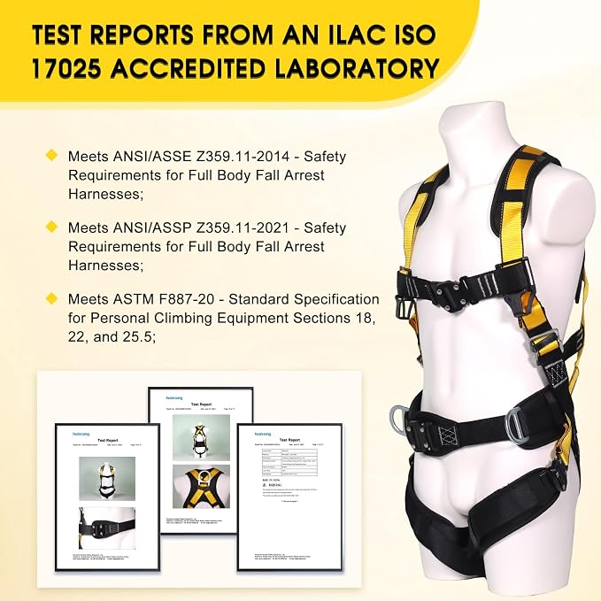 Fall Protection Premium Safety Harness with Shock Absorbing Lanyard, Vented & Padded Shoulder, Legs & Back - Upgrade 4 Quick Buckles (Yellow)