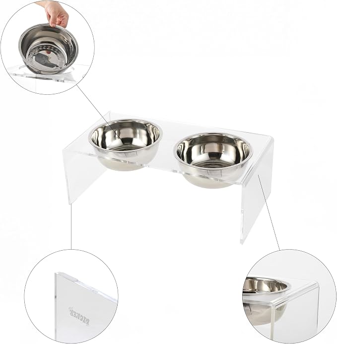 DBL2001A Keaton 7.5" Medium/Large Modern Lucite Rectangular Elevated Pet Feeder with 54oz 2-Stainless Steel Bowls, Clear/Chrome
