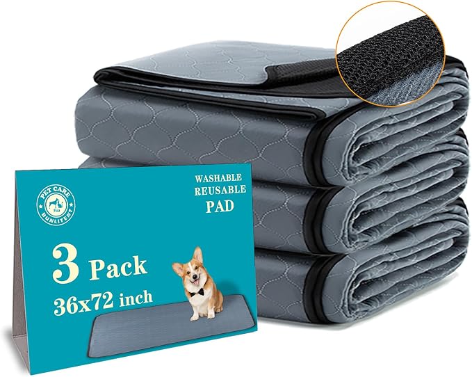 Bunlitent Washable Pee Pads for Dogs 36"x72", 3 Pack, Super Absorbent, Grey | Reusable, Quick Dry, Anti-Slip, Waterproof, Reusable Puppy Pads, Whelping Pads, For Training, Playpen, Incontinence, Large