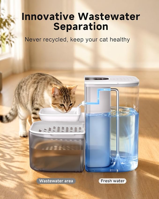 Filterless Heated Cat Water Fountain,4.5L Wireless Pet Automatic Dispenser | Heats Water to 28°C, Timed Dispensing, Wastewater Separation, Food-Grade Ceramic Bowl, 4000mAh Battery, Remote Control