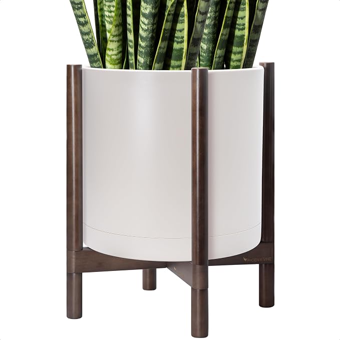 D'vine Dev Plastic Pot with Walnut Wood Stand, Oatmeal, 16 in, 55-C-X-4 | Mid-Century Inspired Design, Elevated Plant Display, Clean Lines, Sturdy Support, Modern Space-Saving Style