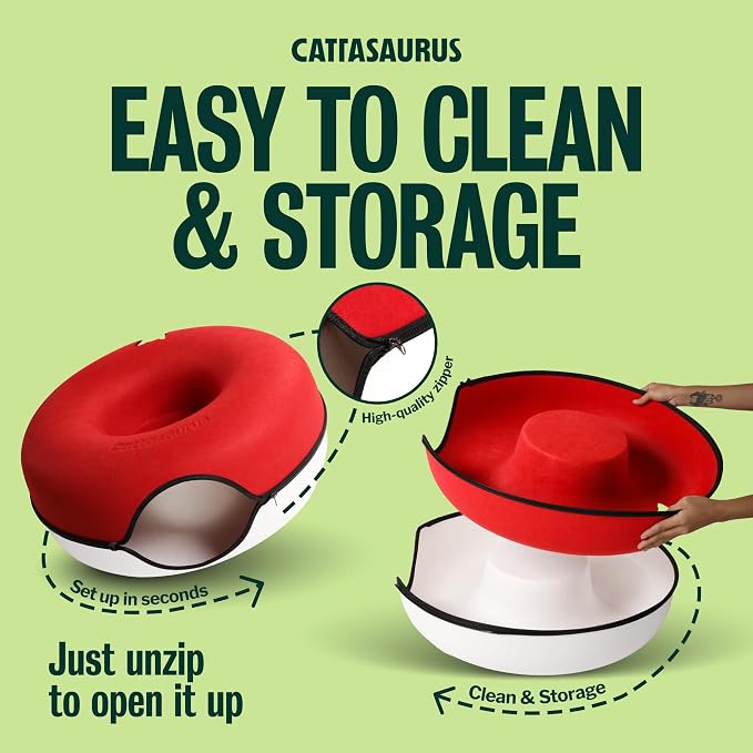 Peekaboo Cat Cave Donut for Multiple & Large Cats up to 30-45 lbs, 3-in-1 Self Warming Cat Bed, Tunnel & Scratcher for Indoor Cats, Washable & Detachable Dog Bed (Ruby Snowball, Large)