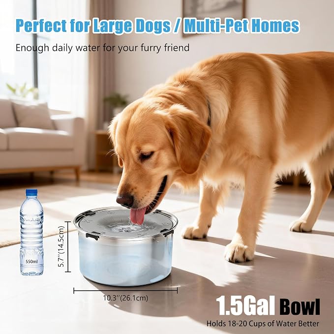 SCHITEC No Spill Dog Water Bowl for Large Dogs, 5.6L / 1.5 Gallon Stainless Steel Splash-Proof Slow Drinking Pet Dish with Floating Disk & Non-Slip Base, Mess-Free Design for Home or Travel-Gray