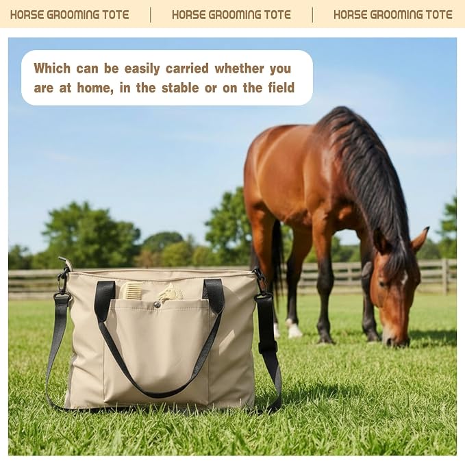 Abbylike 15 Pieces Horse Grooming Kit with Organizer Tote Bag Tack Room Supplies Horse Brush Sets Care Equine Cleaning Kit Shedding Grooming Massaging Tools (Beige)