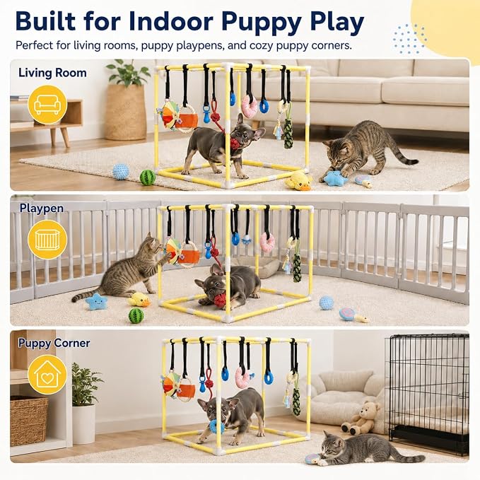 Puppy Play Gym with 17 Hanging Toys, Small Dog Indoor Enrichment Jungle Gym | Interactive Activity Center for Energetic Puppies & Cats, Teething Squeaky Toys, Bungee Straps & 22 in PVC Frame Playground