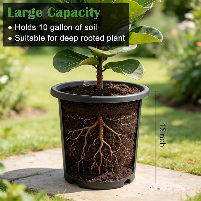 16 inch Deep Large Planters for Outdoor Plants, 4-Pack Plastic Plant Pots with Drainage Holes, Heavy Duty 10 Gallon Garden Planter for Tomato, Vegetables, Flower Growing Deeper -16" Wx15"H, Dark Gray