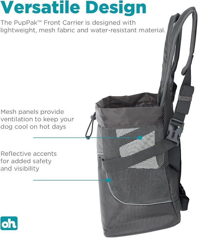 Outward Hound PupPak Dog Front Carrier, Gray, Small, 12" x 11.5" x 7.5" | Hands-Free Pet Backpack, Water-Resistant, Breathable Mesh, Safety Clip, Hiking & Camping, Small Dogs up to 10 lbs