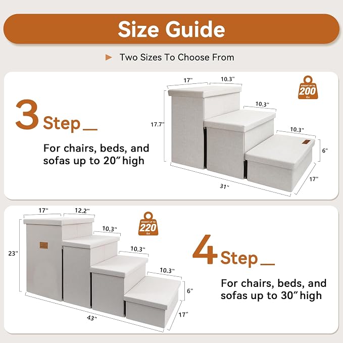 Zerbuger Dog Stairs with Storage, Beige 3 Steps Dog Ramp no Condo for Bed | 18" H Wider Dog Steps for High Beds Couch, Folding Storage Pet Stairs Gift for Climbing Small/Medium/Large Old Dogs Cats