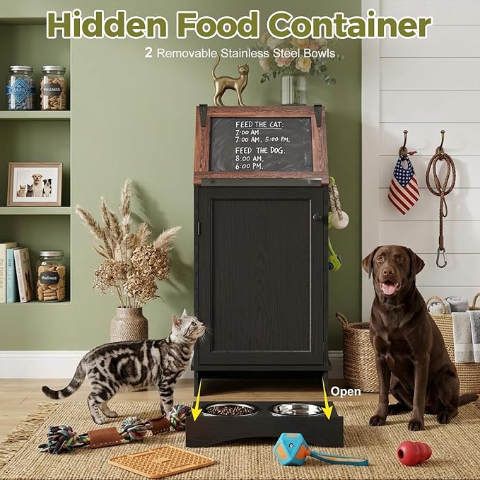 Black 38.4" H Dog Feeding Station with Storage | Pet Food Storage Cabinet with 2 Elevated Bowls,Hooks,Hidden Dog Feeding Organizer for Cats and Dogs