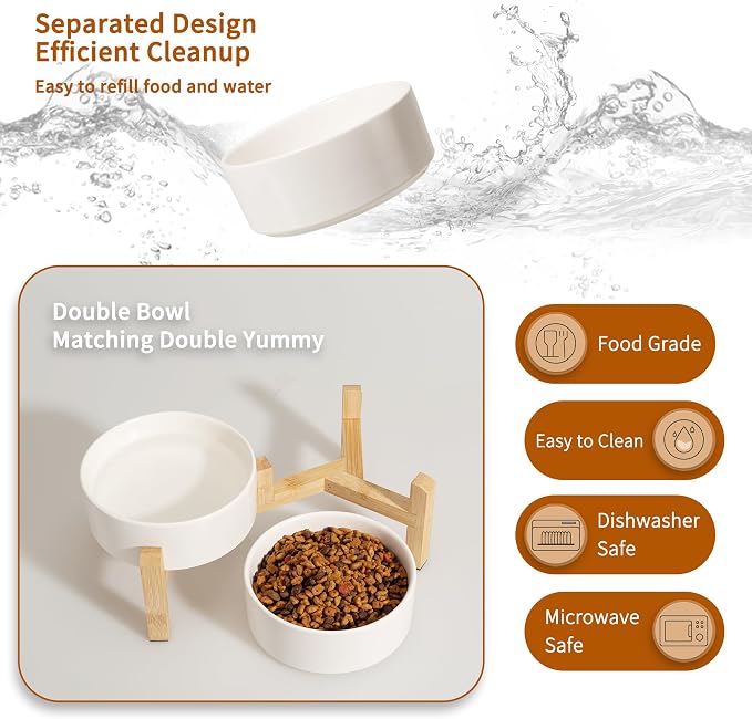 Elevated Ceramic Dog Bowl Set - Raised Feeding Bowls with Non-Slip Bamboo Stand - Small Pet Dishes for Food and Water - Ideal for Cats and Puppies - 16.23 OZ - 2 Cups - 480 ML | 5.1'' Double Dog Feeding Dishes, Non-Slip Raised Dog Feeder for Cats and P...