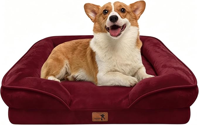 Spotted Play Orthopedic Dog Bed with Sides - Sofa Beds for Medium Dogs, Supportive Foam Pet Couch Bed with Washable Removable Cover, Waterproof Lining and Non-Slip Bottom, Burgundy - M