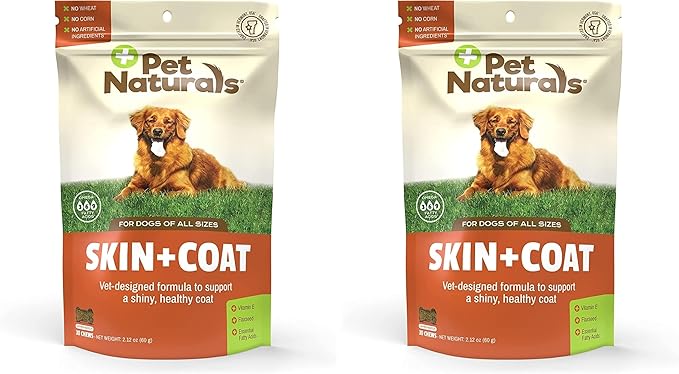 Pet Naturals Skin and Coat for Dogs with Dry, Itchy and Irritated Skin, 30 Chews - Salmon Oil, Vitamin E and Flax Oil - No Corn or Wheat - Vet Recommended (Pack of 2)