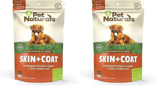 Pet Naturals Skin and Coat for Dogs with Dry, Itchy and Irritated Skin, 30 Chews - Salmon Oil, Vitamin E and Flax Oil - No Corn or Wheat - Vet Recommended (Pack of 2)