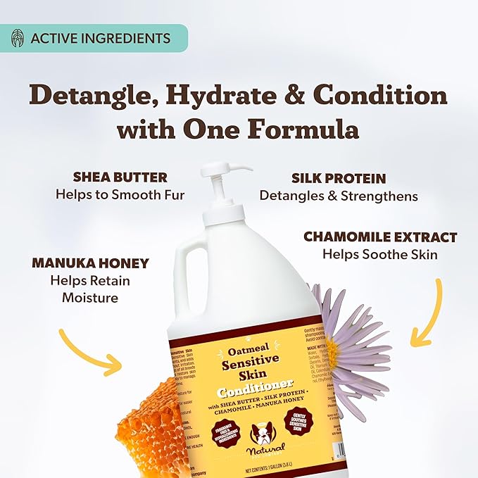 Natural Dog Company Sensitive Skin Dog Conditioner – Oatmeal Moisturizing for Sensitive & Itchy Skin, Detangling Grooming Formula for Long Haired Dogs, with Manuka Honey & Chamimile, 128 oz
