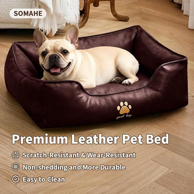 SOMAHE Waterproof Leather Dog Bed, Bolster Couch, 24x19x9 Caramel | Wipe-Clean Waterproof Leather + Removable Cushion: raised bolsters create a cozy bed for small-medium dogs.