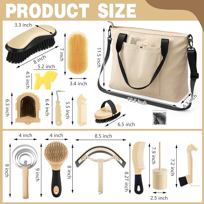 Abbylike 15 Pieces Horse Grooming Kit with Organizer Tote Bag Tack Room Supplies Horse Brush Sets Care Equine Cleaning Kit Shedding Grooming Massaging Tools (Beige)