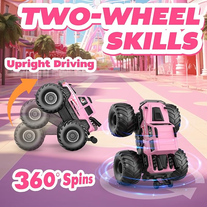 NQD® Monster Truck Toys, Waterproof 360°Rotate 4x4 RC Truck, Amphibious Remote Control Monster Trucks, 2.4GHz All Terrain Off-Road Pickup Toy RC Car for Gifts for Boys Kids Age 6 7 8 9 10 11 12+,Pink