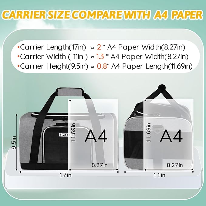 Small Pet Carrier 17" L x 11" W x 9.5" H Airline Approved, Grey | for Alaska Airlines, Lockable Safety Zippers and Anti-Scratch Mesh, Pets Under 10 lbs