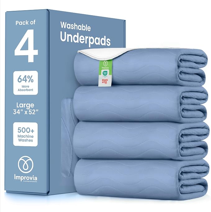 IMPROVIA® Washable Underpads, Heavy Absorbency Reusable Incontinence Pads for Kids, Adults, Elderly, and Pets, Waterproof Protection Floor (Blue, 34"x52" (Pack of 4))