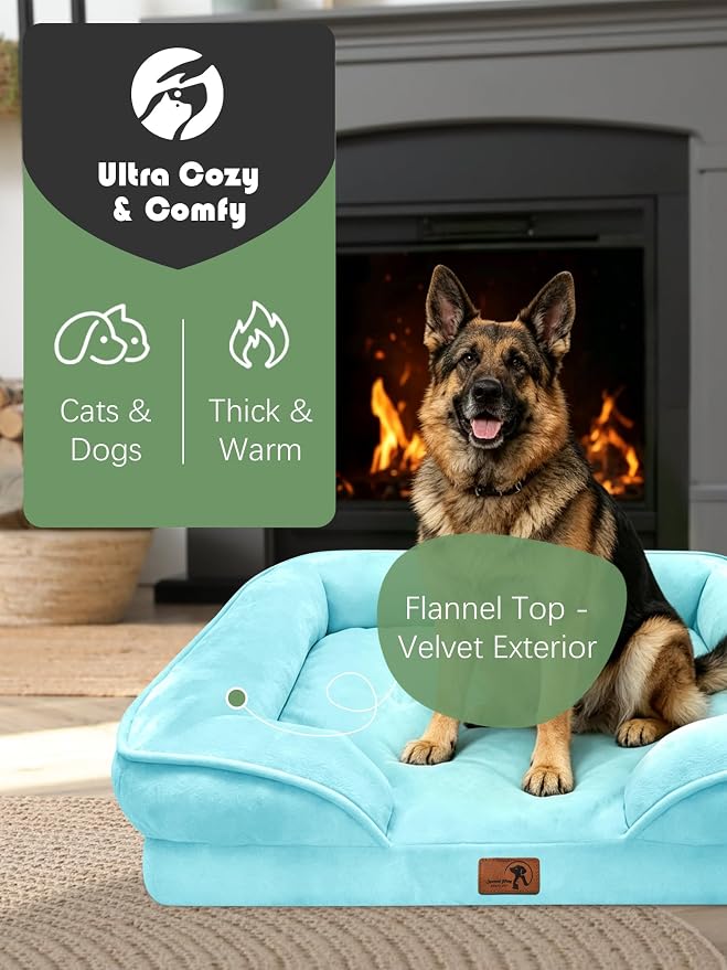 Spotted Play Orthopedic Dog Bed with Sides - Sofa Beds for Extra Large Dogs, Supportive Foam Pet Couch Bed with Washable Removable Cover, Waterproof Lining and Non-Slip Bottom, Ice Blue - XL