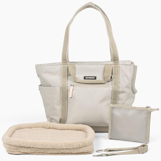 Transit Tote Dog Carrier for Small/Medium Dogs 8-20 lbs, 19x12x9 Soft-Sided 4-Pc Set with Waterproof Base, Plush Insert, Food Pouch, Mesh Head Opening - Medium, Sand