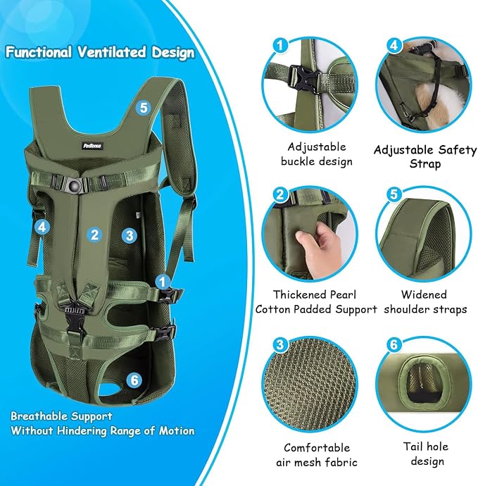 PetBonus Dog Front Carrier Backpacks, Legs Out Easy-fit Puppy Chest Carrier | Hands Free, Adjustable, Safety Strap, Walking Hiking Cycling Motorcycle bag, For Small Medium Dogs (Army Green, XL)
