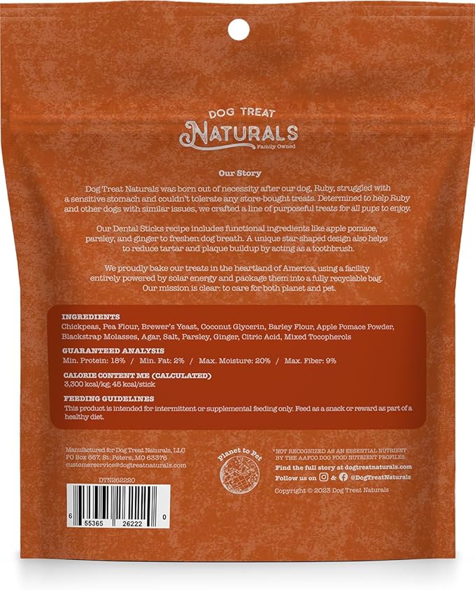 Dog Treat Naturals Chickpea & Ginger Dental Sticks 10oz, 20ct | Dog Dental Chew Treats for Small, Medium, Large Dogs | Freshen Breath, Fight Plaque-Tartar | Natural Teeth Cleaning Treats | USA Made