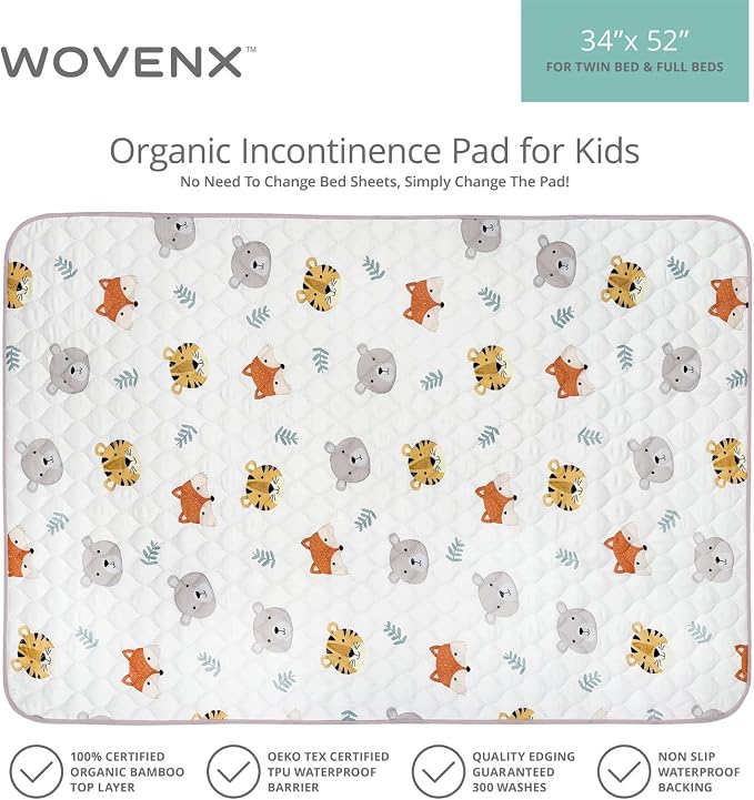 Organic Incontinence Pads for Kids & Toddlers - 5 Layer Waterproof Protectors for Overnight Bed Wetting - Reusable & Washable Pee Pads - Fits Twin to Full Size Beds - 34" x 52" Tiger Bear Fox