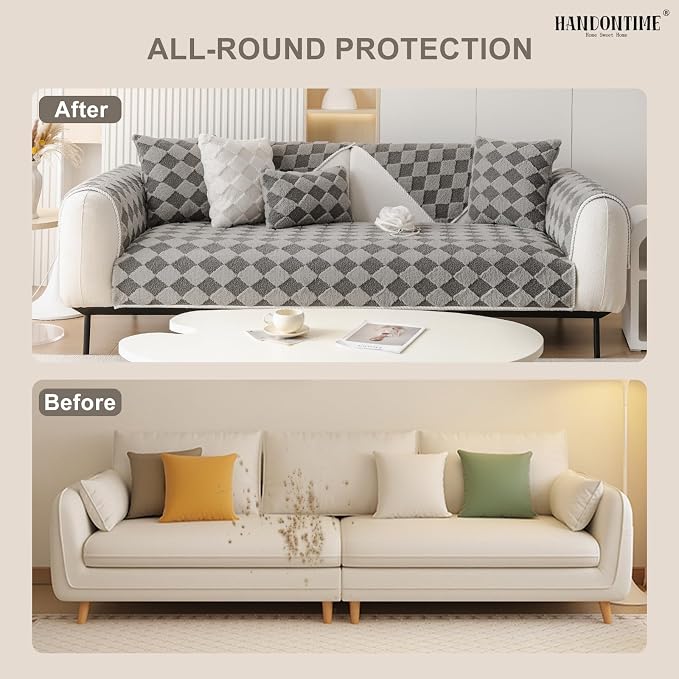 HANDONTIME Non-Slip Pet Couch Cover Washable, Plush Faux Fur Couch Protector for Cushion Pet-Friendly Sofa Covers for Dogs, Checkered Diamond Sectional Covers Dog Mat for Sofa (Grey, 35.6" x 82.7")