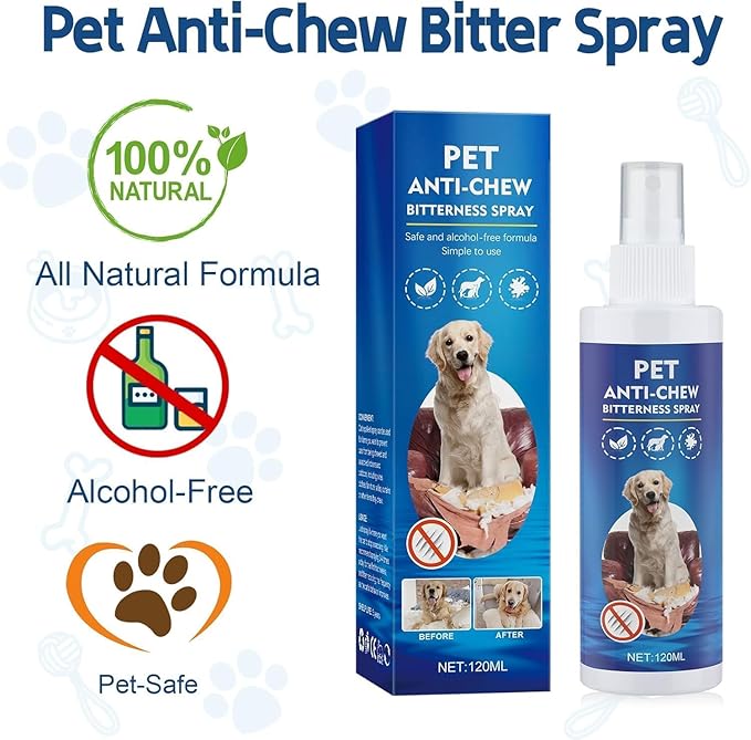 No Chew Spray for Dogs 120ML Bitter Apple, Effective Anti Chew Spray for Dogs, Protects Furniture, Belongings & Prevents Wound Irritation, Indoor & Outdoor Use, No Alcohol & Trace