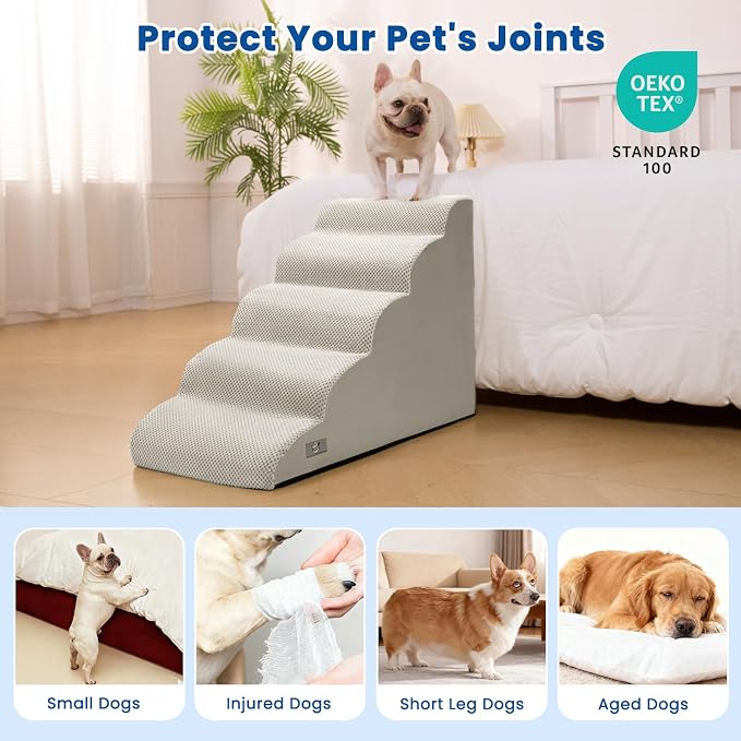 Dog Stairs for High Beds 22.4" H,5-Step Pet Ramp for Small & Medium Dogs | Airpanda Dog Steps with Washable Cover & High-Density Foam,Gentle Curved,Ideal for Senior & Short-Legged Dogs,Light Grey