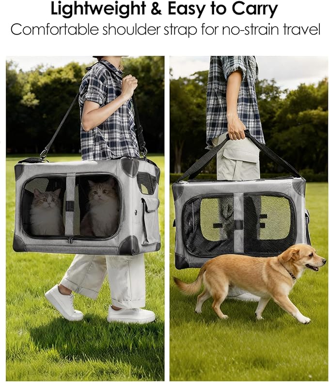 Extra Large 2-Cat Foldable Pet Travel Carrier,24"x17"x17",Gray | Removable Divider, Metal Frame Support, Breathable Mesh Panels, With Storage Tote & Padded Straps