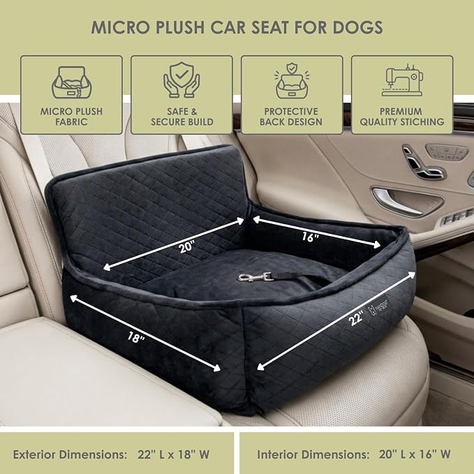 NANDOG Luxury Dog Car Seat Bed for Medium Dogs, Micro Plush Pet Seat with Removable & Washable Cushion Insert, Thick Safety Seatbelt Straps, Secure Travel Carrier, Charcoal Dark Grey, 22" L x 18" W