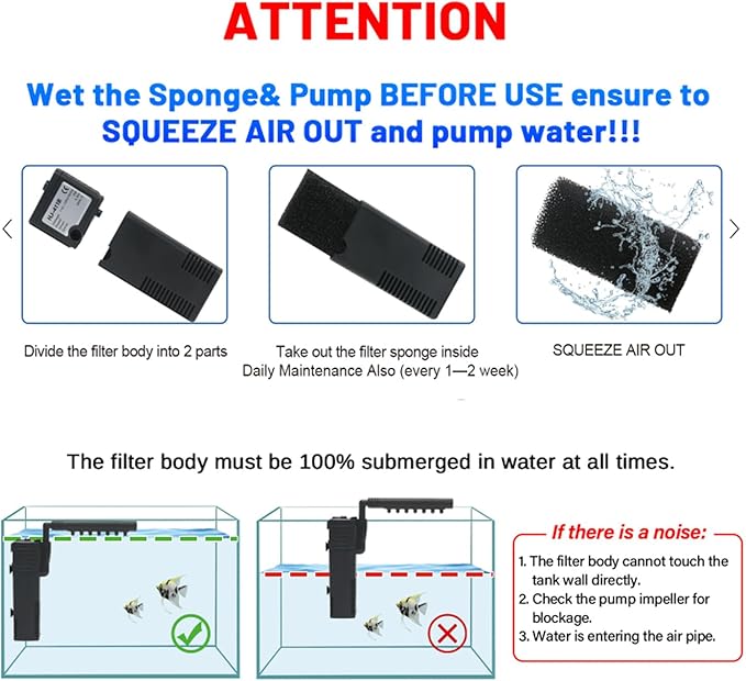 Aquarium Filter Small Betta Fish Tank Filter for 2-15 Gallon Silent 4-in-1 Adjustable Air Flow Fish Turtle Shrimp Tank Filter Submersible Aquarium Internal Filter 79 GPH Biochemical Rainwater