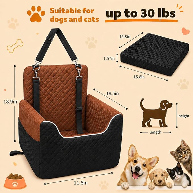 ALL GOOD PET SUPPLIES Dog Car Seat for Small/Medium Dogs Under 35lbs | Soft Memory Foam Booster Car Seat with Detachable Washable Cover and Cushion, Puppy Dog Car Bed