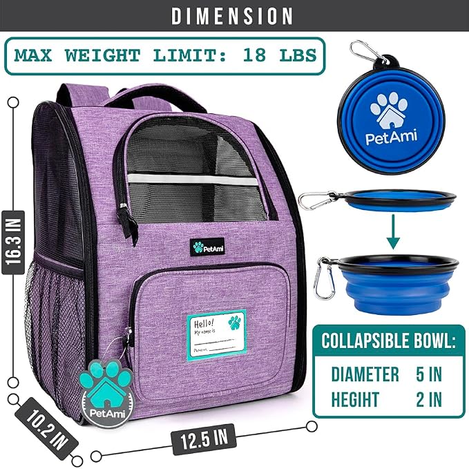 PetAmi Dog Backpack Carrier for Small Medium Dogs Large Cats up to 18 lbs, 2 Side Entry, Structured No-Collapse Frame, Airline Approved Ventilated Pet Backpack for Hiking Camping Travel, Purple