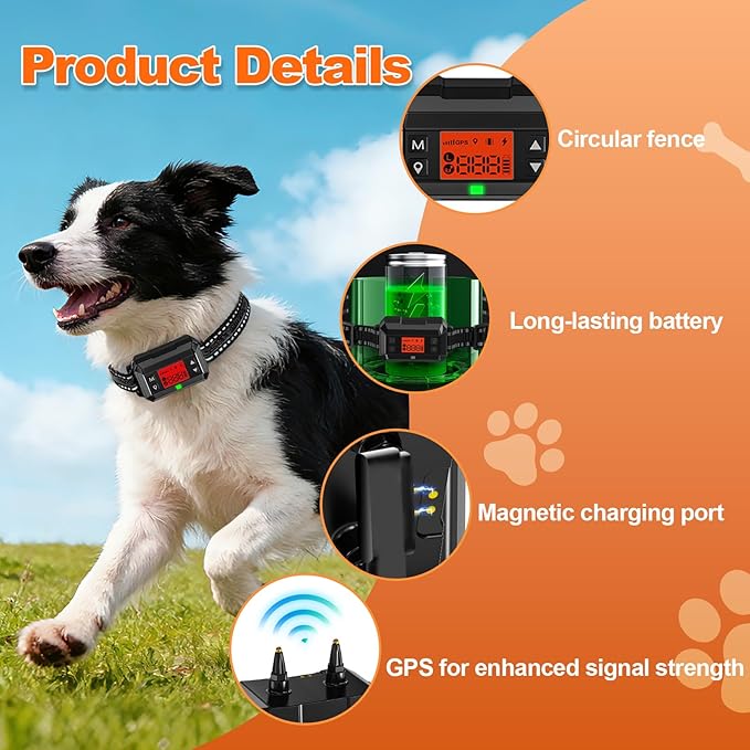 GPS Wireless Dog Fence System, Electric Dog Fence, IPX7 Waterproof Rechargeable Collar Receiver,Radius from min 33 to max 999 Yards, Electric Dog Fence with No Wire Circular Boundary,Outdoor Use Only2