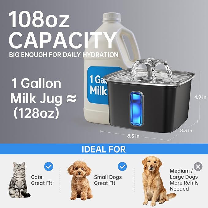 Veken Innovation Award Winner Stainless Steel Cat Water Fountain, 108oz | Automatic Pet Fountain Dog Water Dispenser with Replacement Filters & Silicone Mat for Cats, Dogs (Space Black)