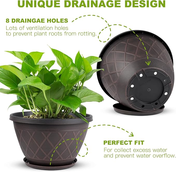 4 Pack 12 Inch Pots for Plants, Decorative Plastic Flower Pots with Drainage Hole & Saucer, Modern Large Planters for Outdoor Indoor Plants, Garden, Balcony, and Home Decor (Brown)