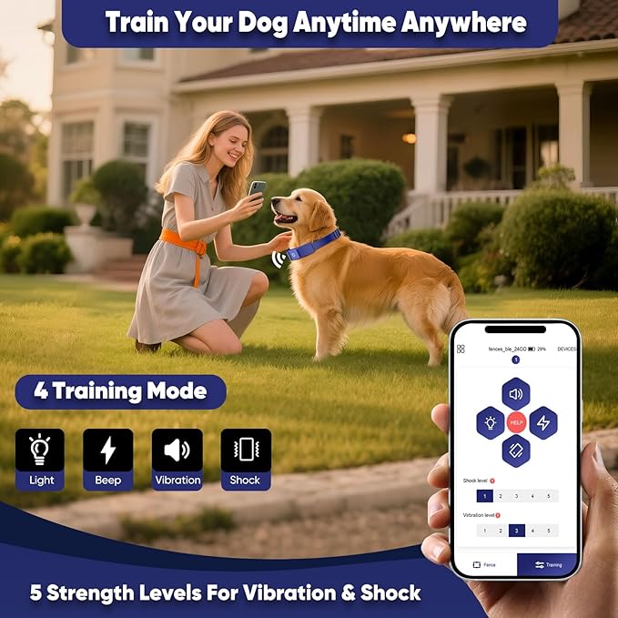 GPS Electric Dog Fence with Free App, Wireless Fence System with Training Collar, Adjustable of Dogs Portable Fence for Outdoor Use, Rechargeable Waterproof Flexiable Collar, (Blue)
