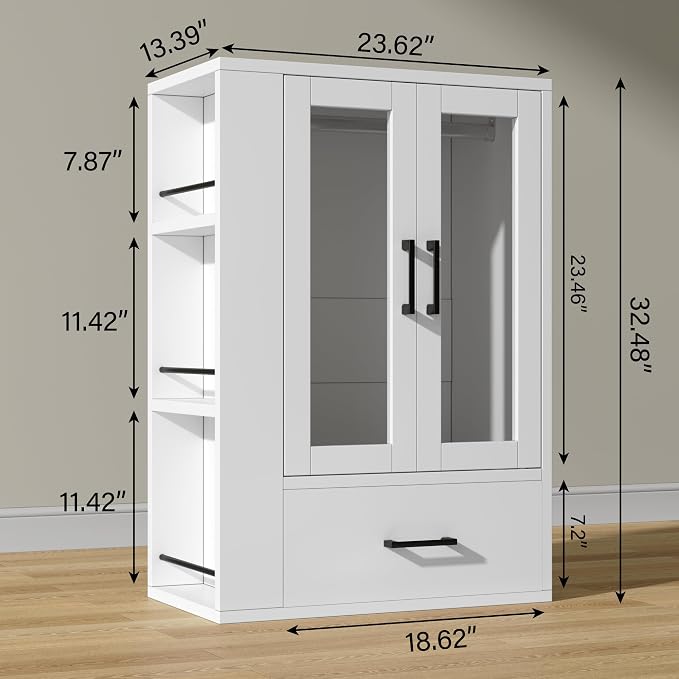kepptory Pet Wardrobe Closet with LED Light, Side Storage Shelves & Drawer, White Pet Clothes Organizer Cabinet with Hanging Rod, Multi-Functional Pet Closet for Dogs & Cats Clothing, Toys