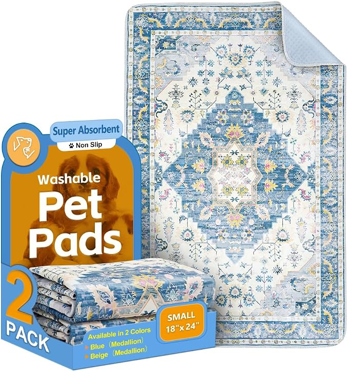 Washable Pee Pads for Dogs, 2 Pack Reusable Puppy Training Pads 24"x18" Super Absorbent Waterproof Dog Training Pads, Non-Slip Potty Pads, Whelping Pads Litter Mat Blue Medallion