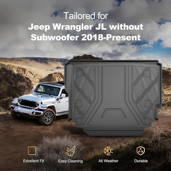 Upgraded Wrangler JL Trunk Mat | AOMSAZTO Cargo Liner for 2018-2026 Jeep Wrangler JL 4X4 Without OEM Subwoofer, All Weather Upgrade Cargo Mat Rubber for Wrangler JL-(Not for JK or 4XE)