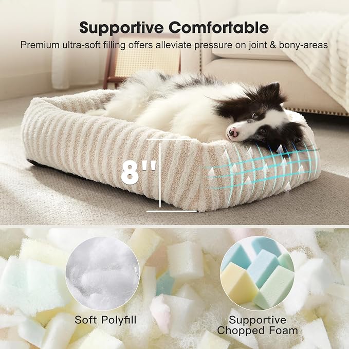 MIXJOY Dog Bed Medium Size Dog, Washable Medium Dogs Bed with Removable Cover, Soft Rectangle Pet Ded Fluffy Plush Faux Fur Pet Bed with Anti-Slip Bottom, 30"x30"x8", White